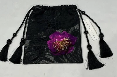 Trina Turk Black Drawstring Jacquard Bag With Sequin Flower Tassels With  Tags - Image 1 of 4