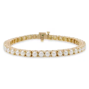 18K Gold Pearl Tennis Bracelet 7.5" In Minimal Round White Pearl Jewelry Gift - Picture 1 of 3