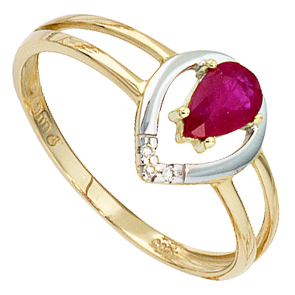 Women's Ring With Ruby & 3 Diamonds, 585 Yellow Gold, Gold Ring - Image 1 of 1