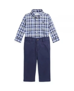 Ralph Lauren NAVY MULTI Baby Boys Plaid Shirt Chino Pants 2 Pc Set, US 12M - Picture 1 of 3