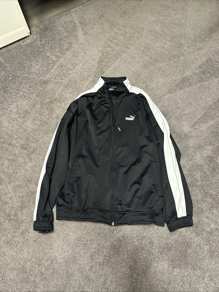 VINTAGE XL MEN’S PUMA POLYESTER FULL ZIP LOGO TRACK JACKET BLACK WHITE 90s 2000s - Image 1 of 4
