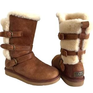 UGG Becket Mujer 6 Botas Cuero Castaño Piel de Oveja Hebilla Media Pantorrilla Acogedor Invierno - Imagen 1 de 15