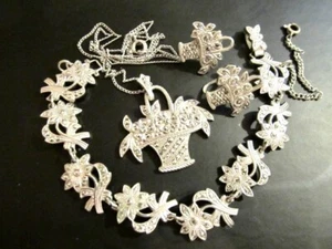 VtG 925 Sterling SET Marcasite Flower Basket Pendant Bracelet ScrewBack Earrings - Bild 1 von 5