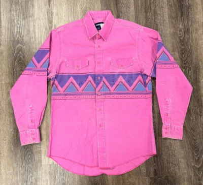 Camisa Wrangler Hombres Talla 16.5-35 Botón Largo Años 80 Vintage Brushpopper Rosa Azteca Foto 1 de 4