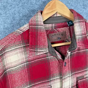 Orvis Overshirt Mens Medium Red Beige Heavy Flannel Cotton Plaid Shacket Pockets - Picture 1 of 15