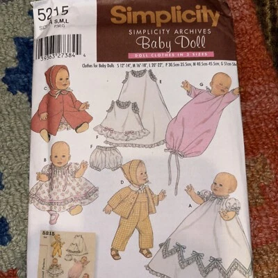 SIMPLICITY ARCHIVES 5215  baby doll Clothes  S M L 12" 14" 16" 18" 20" 22" UNCUT - Image 1 of 4