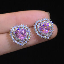 Pink Crystal Zircon 925 Sterling Silver Heart Stud Earrings Women's Fine Jewelry