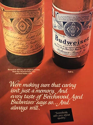 Publicidad impresa de cerveza Budweiser 1974 proceso de elaboración original madera de haya envejecida de colección años 70 Bud Foto 1 de 4