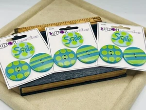 3 Cards Novelty Buttons Green Blue Smile Blumenthal Lansing Crafts Sewing Lot - Picture 1 of 8