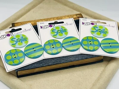 3 Cards Novelty Buttons Green Blue Smile Blumenthal Lansing Crafts Sewing Lot - Image 1 of 4