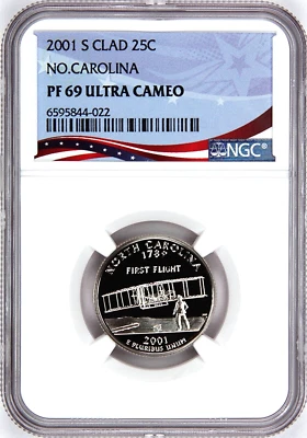 2001-S Proof State Quarter, No. Carolina,  PF69 Ultra Cameo NGC, Patriotic Label - Image 1 of 4