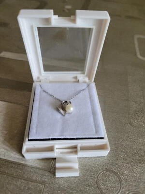 Colgante de oro blanco sólido de 14k 6 mm con detalles de perlas y diamantes 18" sin cuello Italia 2,2... Foto 1 de 4