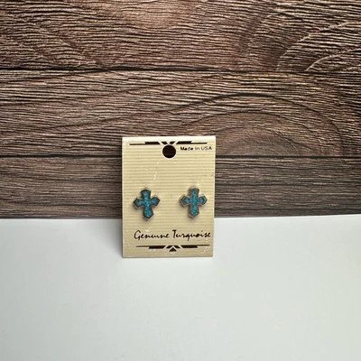 Pendientes perforados genuinos con cruz azul turquesa tono plata nuevos con etiquetas hechos en EE. UU. Foto 1 de 4