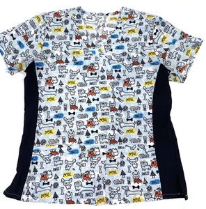 Women's Scrub Top Divine Stretch Medium Blue Black Dogs - Picture 1 of 4