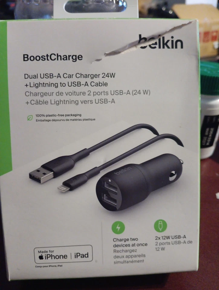 Cargador Coche Doble Belkin USB-A 24W Con Cable USB-C Negro (NUEVO/CAJA ABIERTA) Foto 1 de 2