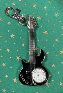 Geneva Guitar Carabiner Pocket Watch Silver Tone Black Key Chain New Battery - Picture 1 of 11
