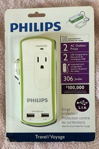 Philips Travel Surge Protector, 2 AC Outlets, 2 USB Charging Ports, 2.1 A - Picture 1 of 2