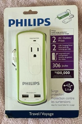 Philips Travel Surge Protector, 2 AC Outlets, 2 USB Charging Ports, 2.1 A - Image 1 of 2
