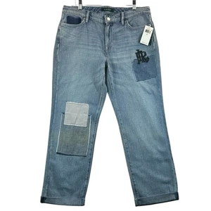 Jeans LRL Ralph Lauren donna 8 blu patchwork cropped denim rilassato nuovo con etichette - Foto 1 di 16