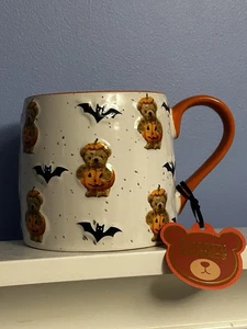 Halloween Teddybär im Kürbis mit Fledermäusen Niedlich Festlich Tasse Kaffeebecher Neu - Bild 1 von 5