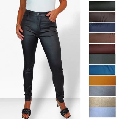 Womens High Waist Skinny Stretch Leather Look Metallic Jeans Ladies  8-22 - Image 1 of 2