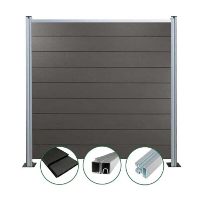 Komplettset WPC Zaun Sichtschutz Steckzaun anthrazit inkl. Pfosten silber - Bild 1 von 4
