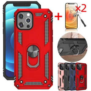 For iPhone 11 12 Pro Max Case Metal Ring Kickstand Cover+Glass Screen Protector - Picture 1 of 17