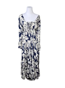 Dolma Peasant Tiered Ruffled Tie Front Maxi Midi Long Dress Blue Cream L/XL NWT - Picture 1 of 10