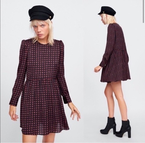 Zara Mini Vestito Babydoll Nero Raso Rosso Cuori San Valentino Tg M Maniche Lunghe