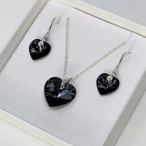 925 Silver Heart Necklace Earring Gift Set Black Made With Austrian Crystals - Picture 1 of 12