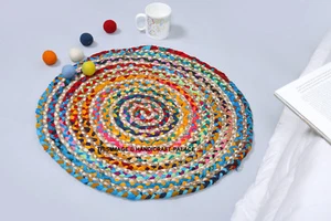 2 ft Round Colorful Natural Jute Chindi Sisal Woven Area Braided Rug Boho Indian - Picture 1 of 3
