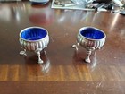 Pair of Antique Hallmark Sterling Silver Cobalt Blue Glass Salt Cellars 