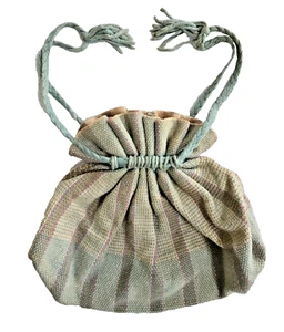 MCM Retro Vtg 40s 50s Handmade Lined Casual Drawstring Plaid Fabric Bag Purse - Picture 1 of 24