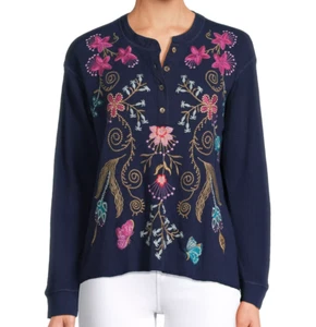 $175 JOHNNY WAS PLUS Size 1X SISA EMBROIDERED BIRD THERMAL HENLEY TOP BLUE NIGHT - Picture 1 of 5