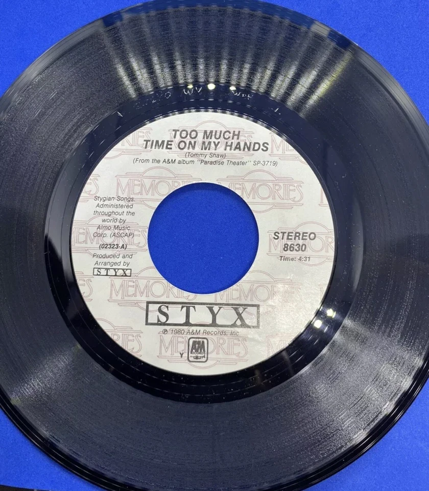 45 rpm Vintage 7” Vinyl Single Hit Record Styx - Too Much Time On My Hands - Image 1 of 1