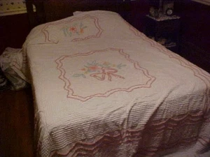 Vintage White Chenille Bedspread w/ Pastel Flowers 53769 - Picture 1 of 5