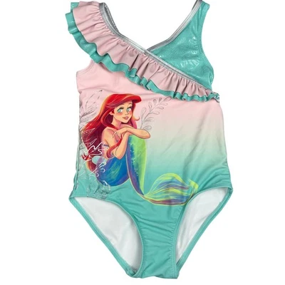 Disney Sirenita Ariel Un Hombro Volantes Traje de Baño Talla 7/8 Ombre Rosa Verde Azulado Foto 1 de 4