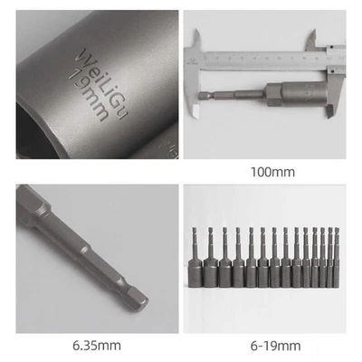 100mm 6mm-19mm 1/4" Hex Shank Hex Deep Socket Nut Driver Bit Impact Driver Drill - Image 1 of 4