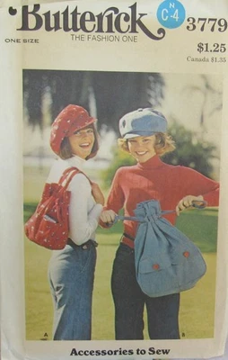 VTG 70s Butterick 3779 Drawstring Tote Purse Bag & Newboy Hat Cap Womens Pattern - Image 1 of 2