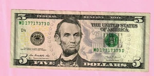 $5 Trinary series 2013 Fancy Serial Number MD17717373D circulated - Picture 1 of 2