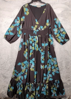 eShakti Dress Womens XL Custom Black Floral Long Sleeve V Neck Lined Ruffle - Image 1 of 4