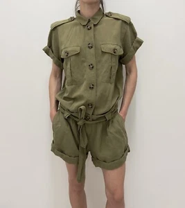 Burberry Brit Leinen Playsuit Khaki Grün Seide Leinen Größe US8 UK10 IT42 - Bild 1 von 19