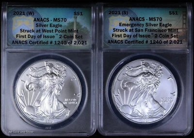 2021 (W) & (S) Type 1 American Silver Eagle ANACS MS 70 | 2 Coin Set FDOI - Image 1 of 4