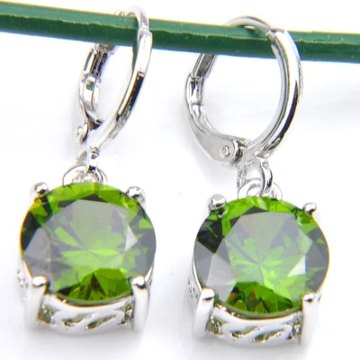 Pendientes Gancho Danlge Plata Piedras Preciosas Peridoto Oliva Corte Redondo Brillante Natural Nuevos Foto 1 de 4