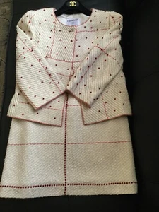 CHANEL VINTAGE BEADED TWEED CC LOGO BUTTON TWO PIECE SKIRT SUIT FR36 US4 - Picture 1 of 7