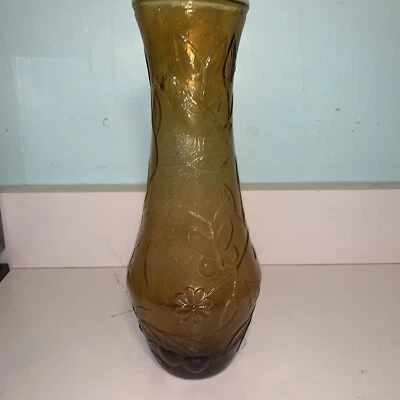 12"" amber Vase bird, butterfly etched  - Image 1 of 4