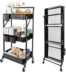 3 Tier Foldable Rolling Cart with Wheels, Folding Utility Cart Organizer, Collap - Picture 1 of 8