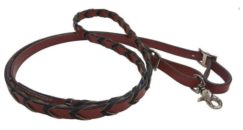 Riendas de concurso de barril de cuero marrón genuino con cordones negros de 8 pies con Conway + Snap Foto 1 de 1