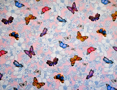 Quilt Fabric 1 Yard Butterflies White Floral on Light Pink Cotton Precut - Image 1 of 2