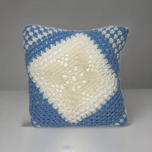 Retro Granny Crochet Pillow Decor Double Sided Blue White Grandmacore Cottage - Picture 1 of 18